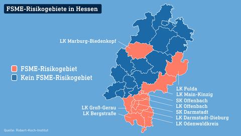 Die Grafik zeigt eine Hessenkarte, auf welcher die FSME-Risikogebiete farblich markiert sind.