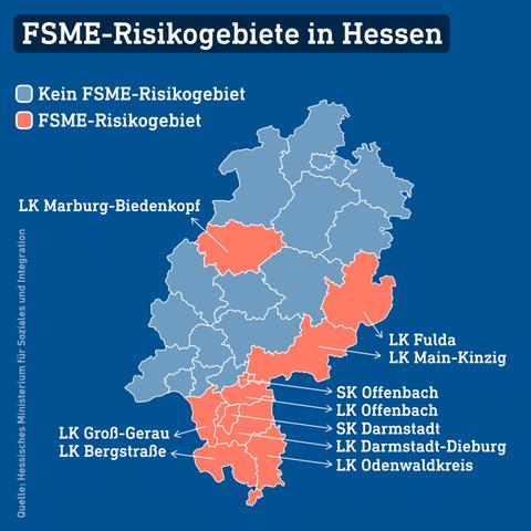 Die Grafik zeigt eine Hessenkarte, auf welcher die FSME-Risikogebiete farblich markiert sind.