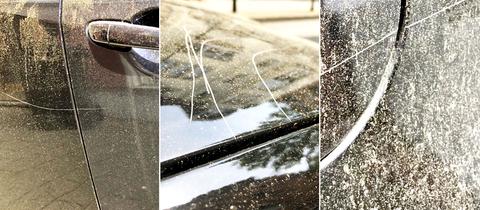 Die Collage zeigt drei unterschiedlich lange und tiefe Kratzer auf parkenden Autos in Wiesbaden.