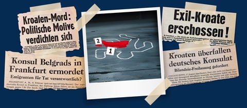 Eine Collage aus Zeitungsausschnitten zum Thema Gewalt von Horten in Deutschland am Rand, in der Mitte eine Zeichnung eines Kreideumrisses eines Toten