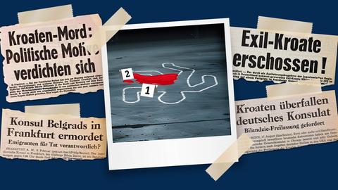 Eine Collage aus Zeitungsausschnitten zum Thema Gewalt von Horten in Deutschland am Rand, in der Mitte eine Zeichnung eines Kreideumrisses eines Toten