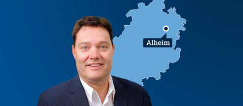 Karte von Hessen mit dem Ort Alheim, daneben Portrait Jochen Schmidt.