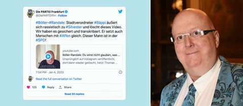 Links: Der Tweet der Partei "Die Partei" mit dem erneut veröffentlichten Kritik-Video von Bäppler-Wolf. Rechts: Ein Porträt aus dem Jahr 2019 von Bäppler-Wolf.