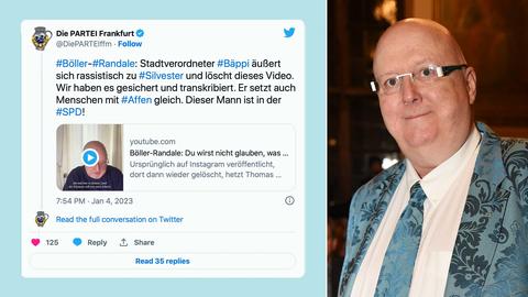 Links: Der Tweet der Partei "Die Partei" mit dem erneut veröffentlichten Kritik-Video von Bäppler-Wolf. Rechts: Ein Porträt aus dem Jahr 2019 von Bäppler-Wolf.