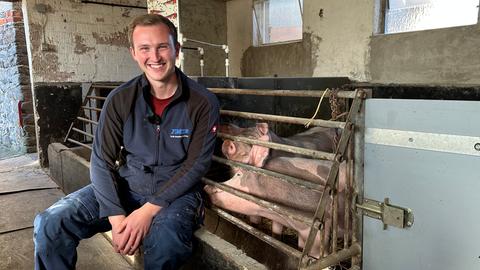 Der neugewählte Lautertaler Bürgermeister Lukas Becker hilft auf dem landwirtschaftlichen Hof seiner Eltern und füttert die Schweine im Stall.