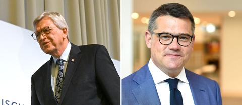 Eine Collage: Links ist Volker Bouffier zu sehen, rechts sein angedachter Nachfolger Boris Rhein (beide CDU).
