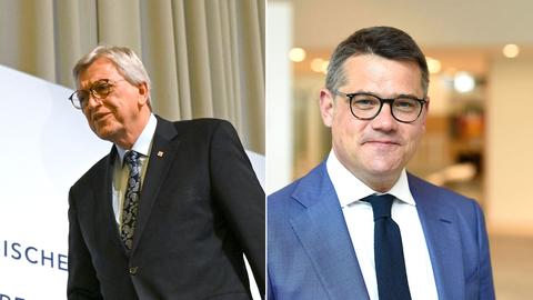 Eine Collage: Links ist Volker Bouffier zu sehen, rechts sein angedachter Nachfolger Boris Rhein (beide CDU).