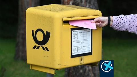 Hand, die einen Brief in einen gelben Briefkasten steckt. Rechts unten ein Wahlkreuz