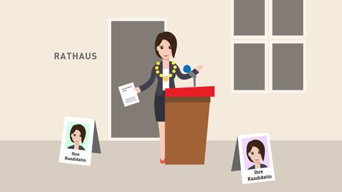 Grafik, die einen Bürgermeisterin an einem Redepult stehend vor einem Rathaus zeigt. 