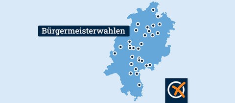 Eine Hessen-Karte zeigt, in welchen Gemeinden und Städten am 26. September Bürgermeister gewählt  werden. 