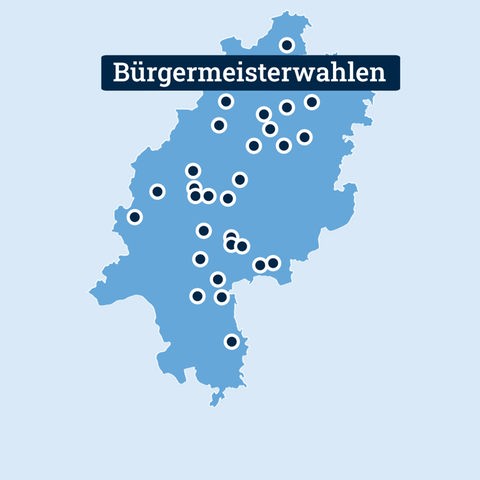 Eine Hessen-Karte zeigt, in welchen Gemeinden und Städten am 26. September Bürgermeister gewählt  werden. 
