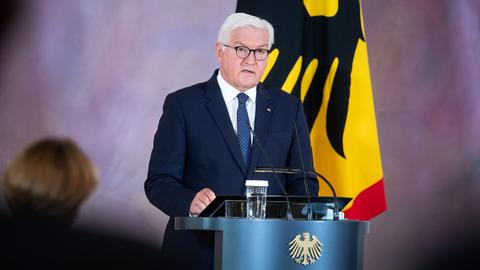 Bundespräsident Frank-Walter Steinmeier im Anzug mit Brille an einem Rednerpult, hinter ihm eine Deutschland-Flagge