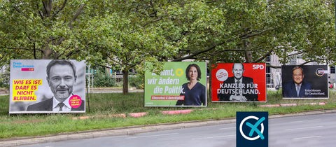 Wahlplakate von CDU, SPD, FDP und Grüne mit ihren Spitzenkandidaten an einer Straße