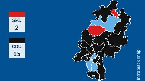 Grafik mit der Stimmenverteilung der Erststimmen bei der Bundestagswahl in den 22 hessischen Wahlkreisen 