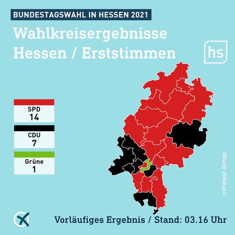 Hessenkarte mit den bereits ausgezählten Wahlkreisen.