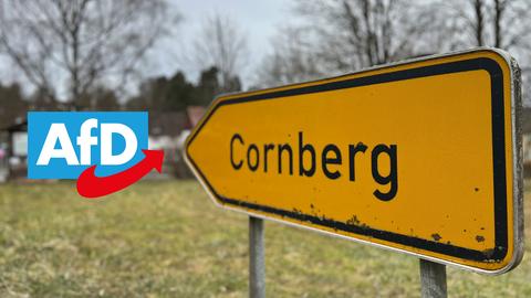 Ein Ortsschild von Cornberg zeigt bei einer Foto-Montage mit der Spitze auf das Parteilogo der AfD. 