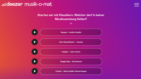 Eine Website, auf der die Frage "Welcher Klassiker darf in deiner Musiksammlung nicht fehlen" - zur Auswahl stehen unter anderem Freiheit von Westernhagen und Respect von Aretha Franklin. 