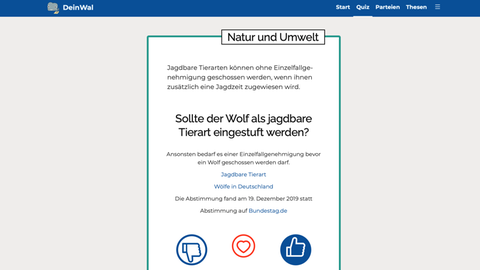 Ein Screenshot von DeinWal.de - hier mit der Frage, ob Wölfe zum Abschuss freigeben werden sollten. 