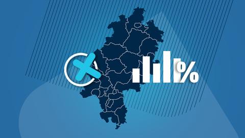 Collage aus einem Wahlkreuz, einer dunkelblauen Hessenkarte mit weißen Linien und einem weißen stilisierten Säulendiagramm. Alles steht auf einem mittelblauen Hintergrund mit schrägen dunklen Linien von oben und einer weißen Überlagerung von unten. 