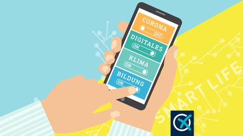 Grafik, die ein Smartphone in einer Hand zeigt. Auf dem Screen sind vier Felder zu sehen: "Corona", das auf "off" gestellt wurde und die Felder "Klima", "Digitales" und "Bildung", die auf "on" gestellt wurden. Im Hintergrund liegt eine gelbe Fläche, die diagonal rechts nach oben ansteigt vor einem hellblauen Hintergrund. 