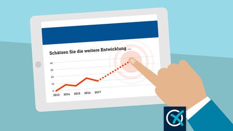 Die Grafik zeigt ein Tablet auf dem ein Fieberkurvendiagramm mit der Aufforderung "Schätzen Sie die weitere Entwicklung..." zu sehen ist. Der Zeigefinger einer Hand scheint eine Linie auf dem Screen zu bewegen, die gestrichelt ist.