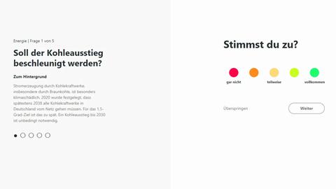 Auf dem Bild wird gefragt: Soll der Kohleausstieg beschleunigt werden? Daneben stehen mehrere Antwort-Möglichkeiten, die nach der Zustimmung fragt (gar nicht, teilweise, vollkommen)