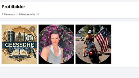 Screenshot der Facebook-Seite "Geschichte neu entdecken heute" mit drei Profilbildern: eine Frau mit langen roten Haaren auf einem Motorrad mit USA-Flagge von hinten, eine schlanke Frau mit zusammengebundenen Haaren von vorne, ein gezeichnetes Logo mit Hochhäusern, einem Riesenrad und einer Kirche mit dem Schriftzug "Geessche new discover today"