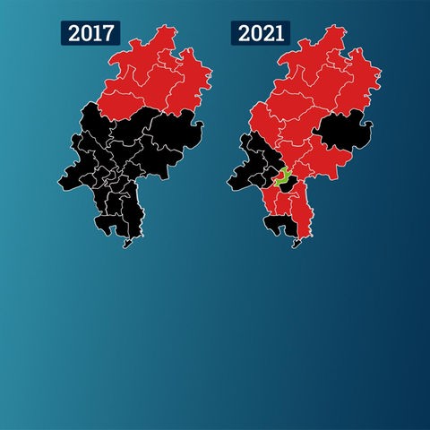 Zwei Karten mit den Wahlkreisen von 2017 und 2021 nebeneinander.