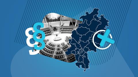 Collage aus verschiedenen Elementen: Zwei Paragraphenzeichen, Foto des Bundestags in s/w von oben, eine dunkelblaue Hessenkarte mit weißen Wahlkreisgrenzen und ein Wahlkreuz. Alles auf einem mittelblauen Hintergrund mit dunklen Streifen von oben und einer helleren Fläche von unten.