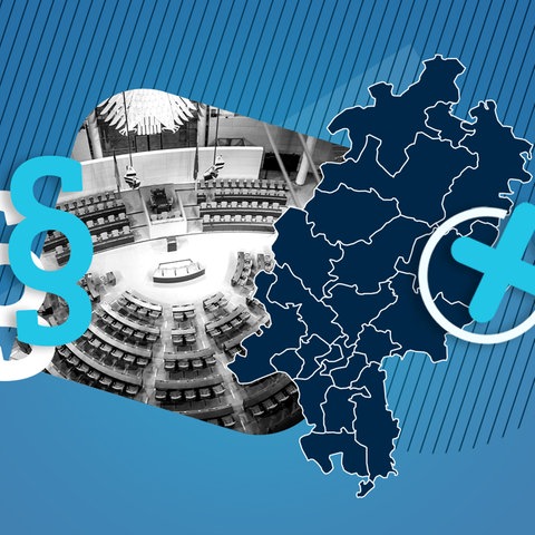 Collage aus verschiedenen Elementen: Zwei Paragraphenzeichen, Foto des Bundestags in s/w von oben, eine dunkelblaue Hessenkarte mit weißen Wahlkreisgrenzen und ein Wahlkreuz. Alles auf einem mittelblauen Hintergrund mit dunklen Streifen von oben und einer helleren Fläche von unten.