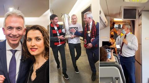 Bildkombo mit drei Fotos: links Ehepaar Feldmann; mitte Feldmann, wie er nach dem Pokal, den Fußballtrainer und -spieler tragen, greift; rechts Feldmann im Flugzeug, wie er eine Ansage macht.