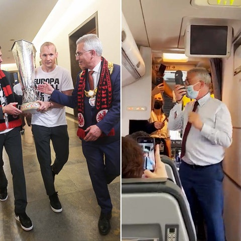 Bildkombo mit drei Fotos: links Ehepaar Feldmann; mitte Feldmann, wie er nach dem Pokal, den Fußballtrainer und -spieler tragen, greift; rechts Feldmann im Flugzeug, wie er eine Ansage macht.