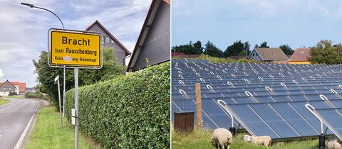 Die Bildkombination zeigt zwei Fotos nebeneinander: Links der Ort Bracht, in die Landschaft eingebettet, aus der Ferne fotografiert. Und rechts ein Foto von Flachkollektoren zur solaren Wärmegewinnung, die schräg und hintereinander aufgestellt ein Feld bestücken. 