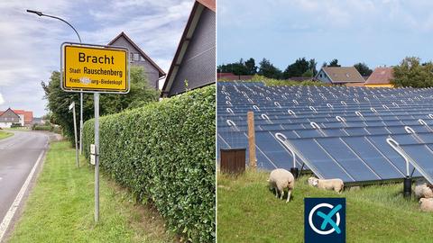 Die Bildkombination zeigt zwei Fotos nebeneinander: Links der Ort Bracht, in die Landschaft eingebettet, aus der Ferne fotografiert. Und rechts ein Foto von Flachkollektoren zur solaren Wärmegewinnung, die schräg und hintereinander aufgestellt ein Feld bestücken. 