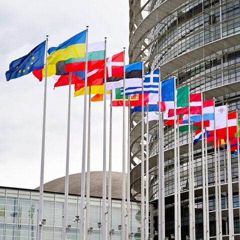 Ein runder, verglaster Bau mit den Flaggen der EU-Mitgliedsländer davor.