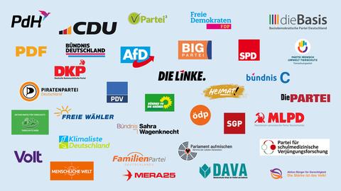 Zahlreiche Logos vieler Parteien auf einem hellblauen Hintergrund.