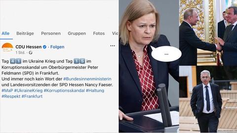 Screenshot eines Facebook-Posts mit Portraits von Faeser, Feldmann, Putin und Schröder.