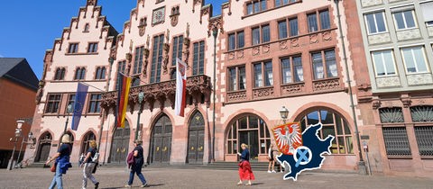 Blick auf die Häuserzeile am Römer. Auf dem Foto eine kleine Grafik mit einer blau eingefärbten Fläche (Umriss Stadt Frankfurt), dem Wappen der Stadt Frankfurt und einem Wahlkreuz.