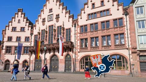 Blick auf die Häuserzeile am Römer. Auf dem Foto eine kleine Grafik mit einer blau eingefärbten Fläche (Umriss Stadt Frankfurt), dem Wappen der Stadt Frankfurt und einem Wahlkreuz.