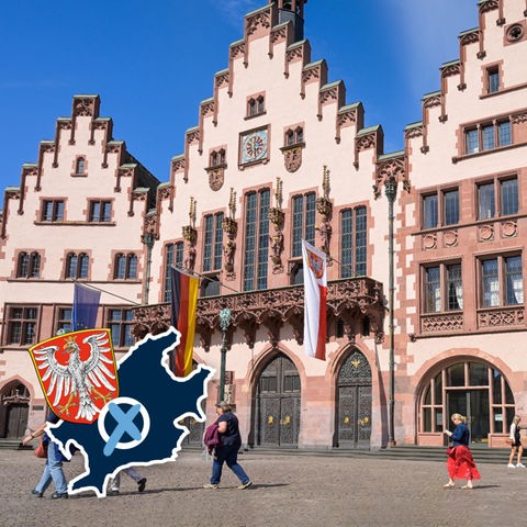 Blick auf die Häuserzeile am Römer. Auf dem Foto eine kleine Grafik mit einer blau eingefärbten Fläche (Umriss Stadt Frankfurt), dem Wappen der Stadt Frankfurt und einem Wahlkreuz.