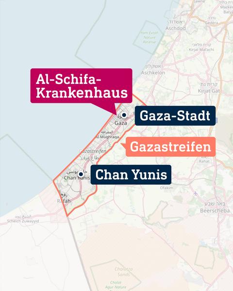 Karte, auf welcher das Al Schifa Krankenhaus und Gaza-Stadt eingezeichnet ist.