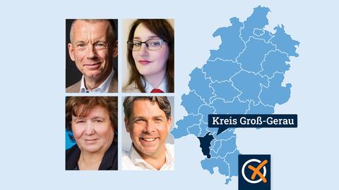Neben einer Hessenkarte, auf welcher der Landkreis Groß-Gerau farblich abgesetzt ist, Portraits der vier Kandidierenden.