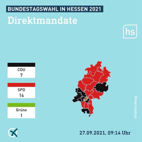 Eine Hessenkarte, auf der die Direktmandate bei der Bundestagswahl 2021 nach Wahlkreisen eingezeichnet sind