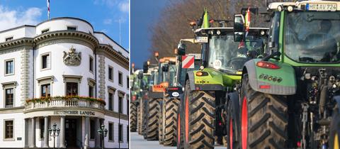 Zwei Bilder stehen nebeneinander. Links der Hessische Landtag und rechts eine Trecker-Kolonne von protestierenden Bauern.