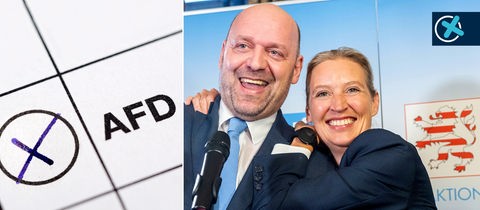 Links im Bild freuen sich Robert Lambrou und Alice Weidel von der AfD, rechts im Bild ein Stimmzettel mit einem Kreuz ber AfD