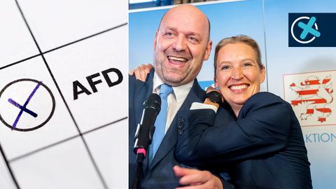 Links im Bild freuen sich Robert Lambrou und Alice Weidel von der AfD, rechts im Bild ein Stimmzettel mit einem Kreuz ber AfD