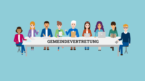 Die Grafik zeigt einen langen Tisch, an dem viele Menschen sitzen, die zusammen arbeiten. Auf dem Tisch steht "Gemeindevertretung".