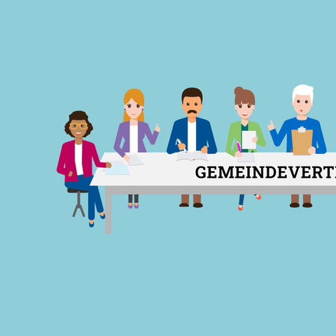 Die Grafik zeigt einen langen Tisch, an dem viele Menschen sitzen, die zusammen arbeiten. Auf dem Tisch steht "Gemeindevertretung".