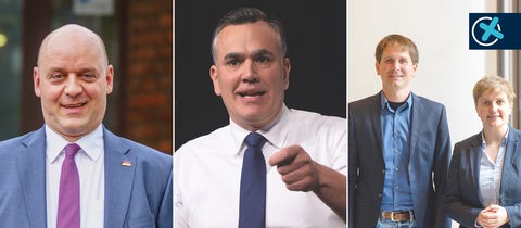 Collage der vier Spitzenkandidaten: Robert Lambrou (AfD), Stefan Naas (FDP), Jan Schalauske und Elisabeth Kula (beide Linke).