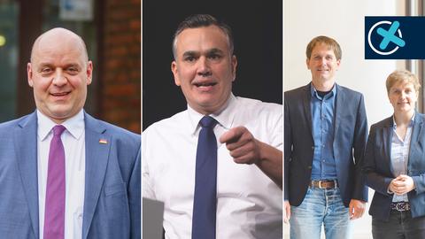 Collage der vier Spitzenkandidaten: Robert Lambrou (AfD), Stefan Naas (FDP), Jan Schalauske und Elisabeth Kula (beide Linke).